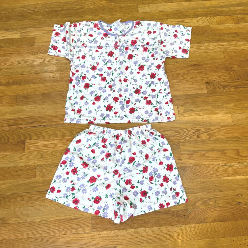 Simply Basic Vintage Floral Pajama Set Medium Red Poppies Purple Flowers 2 Piece